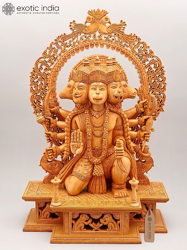 24" Panchamukhi Hanuman Statue with Beautifully Carved Prabhavali | Wood Carved Sculpture