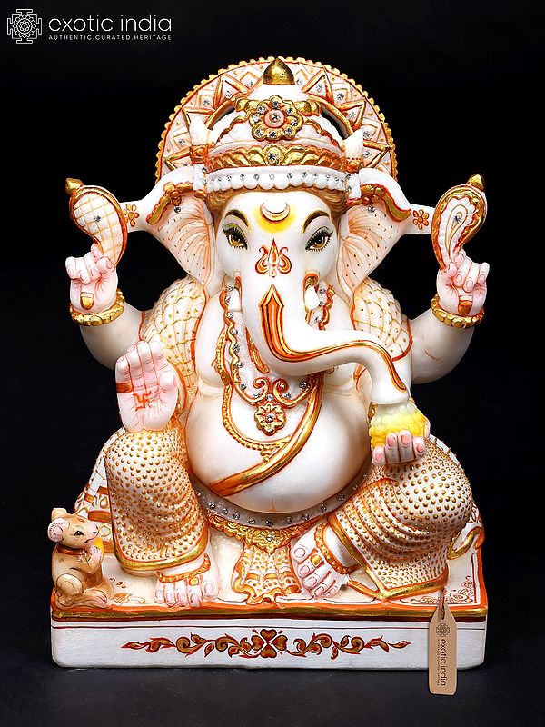 12" Four Armed Blessing Lord Ganesha | White Marble Statue