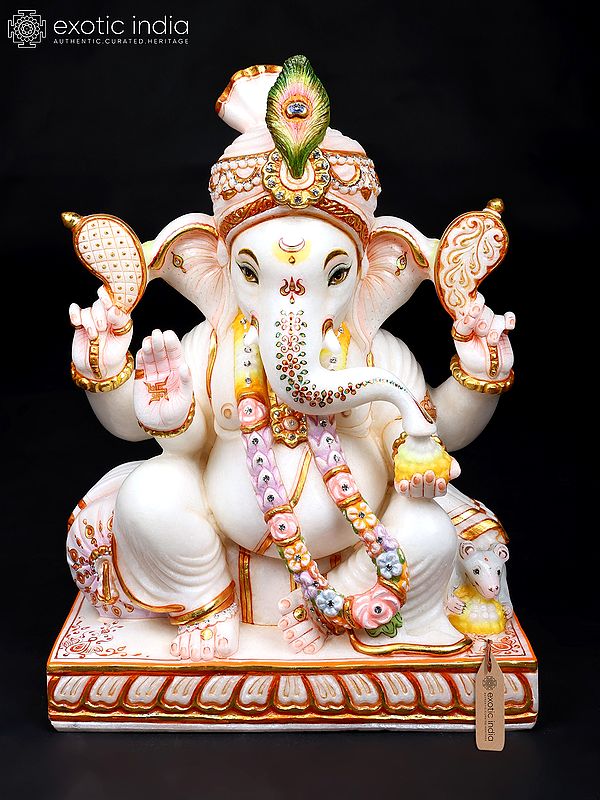 18" Four Armed Blessing Pagadi Ganesha | White Marble Statue