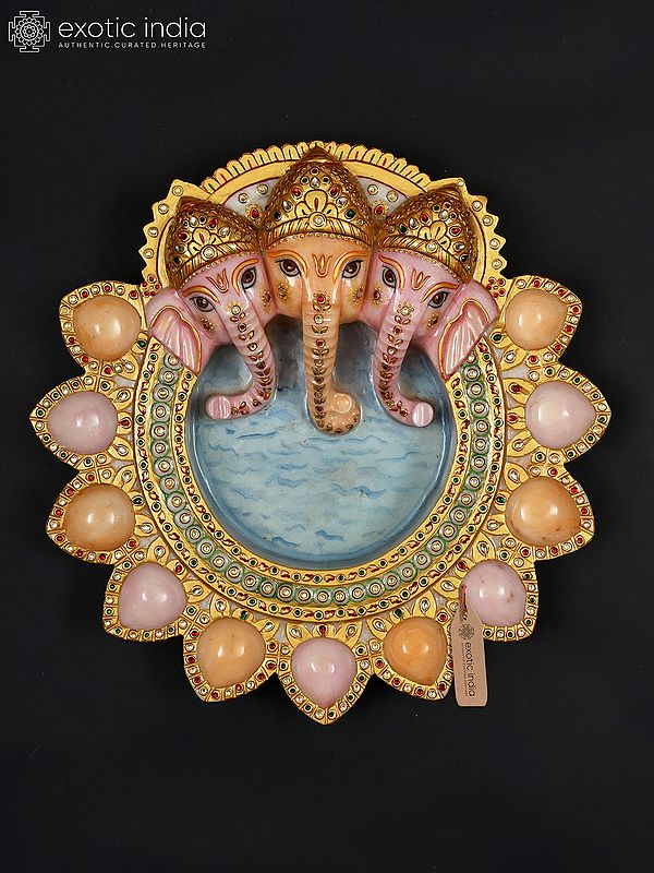 15" Divine Three-Faced Ganesha Urli with Diya | Marble with Stone Work