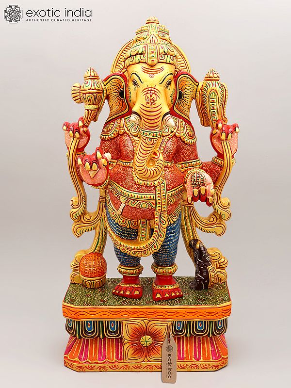 24" Four Armed Standing Lord Ganesha | Wood Carving
