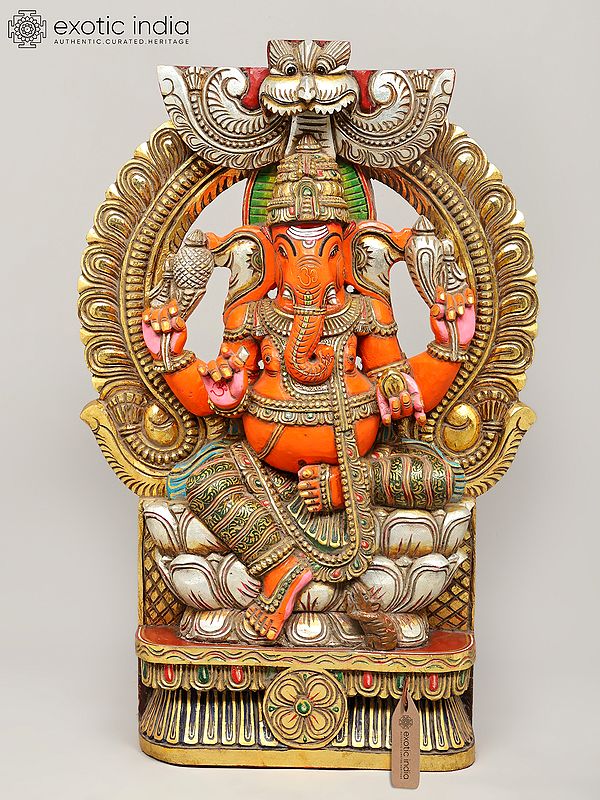 36" Large Sindoori Lord Ganesha Seated on Kirtimukha Throne | Wood Carving