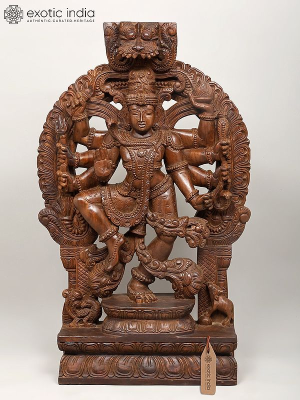 48" Nataraja - Eight Armed Dancing Lord Shiva with Kirtimukha Prabhavali | Large Size Wooden Sculpture