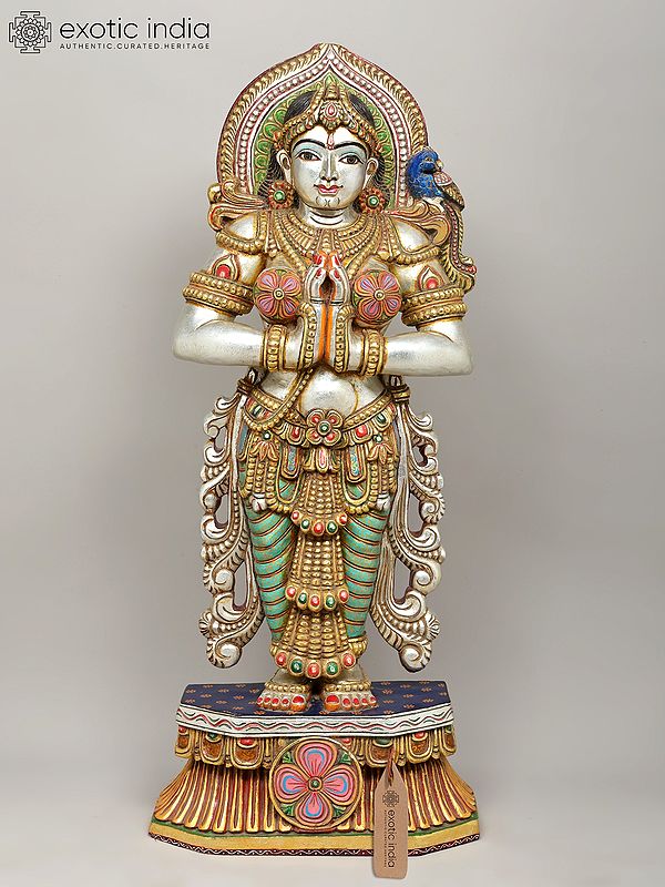 48" Large Size Welcome/Namaste Lady | Wood Carved Statue