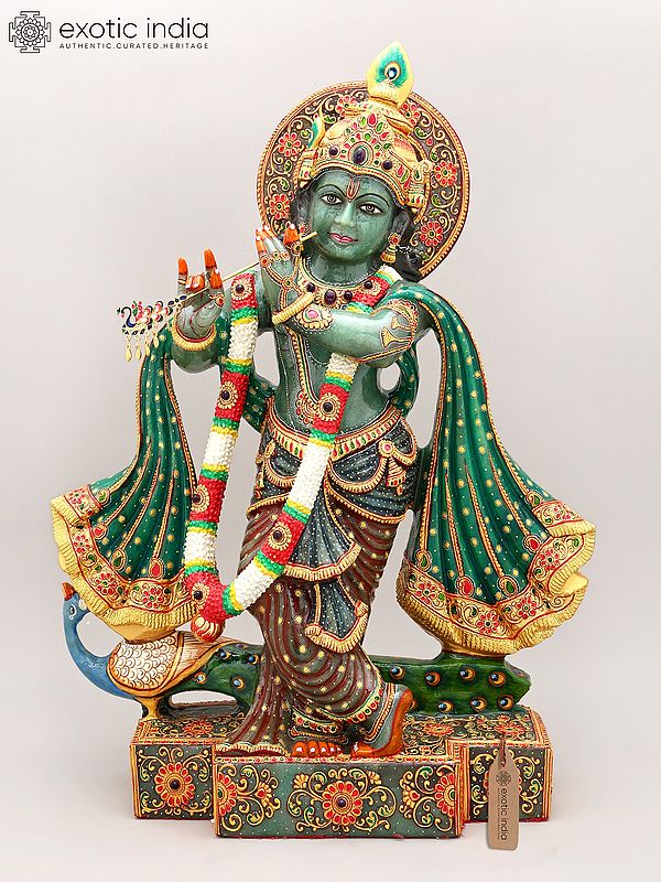24" Krishna: The Eternal Flutist | Exquisite Handcrafted Semi-Precious Jade Stone Sculpture