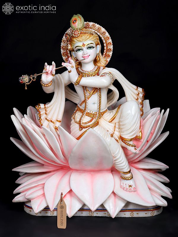 24" Celestial Murli Manohar Krishna Seated on Lotus | Exquisite Hand-Carved Marble Sculpture