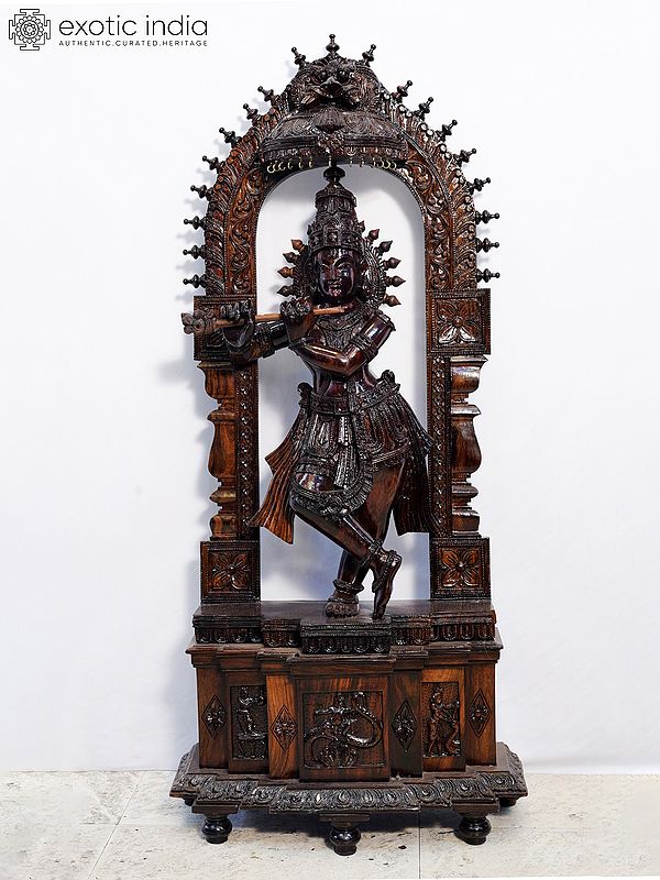 51" Lord Krishna Statue with Detailed Carving | Handmade Rosewood Sculpture