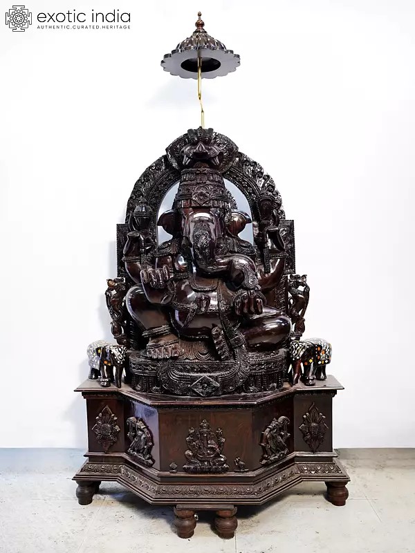 72" Ekadanta Ganesha Seated on Grand Throne | Handmade Rosewood Sculpture