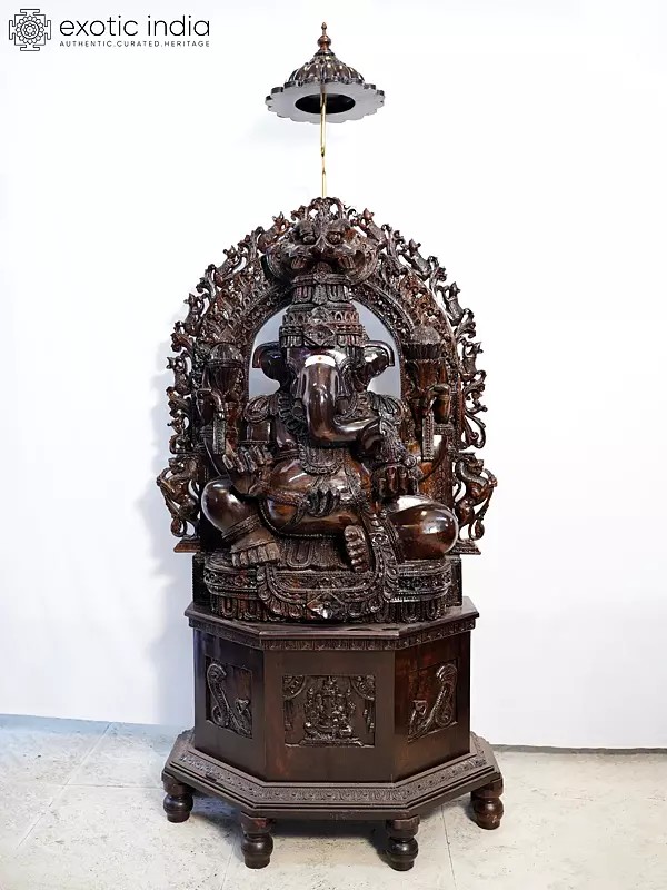 76" Lord Ganesha Sculpture with Tilak and Throne | Handmade Rosewood Sculpture