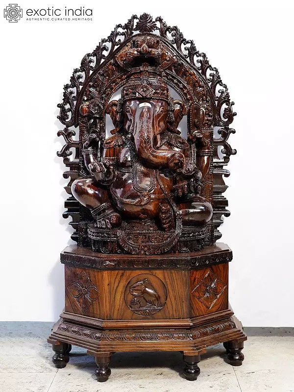 40" Four Arms Ganapati Statue in Wood | Handmade Rosewood Sculpture