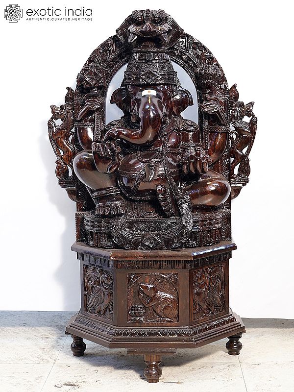 37" Lord Ganesha Wooden Figurine with Kirtimukha Arch | Handmade Rosewood Sculpture