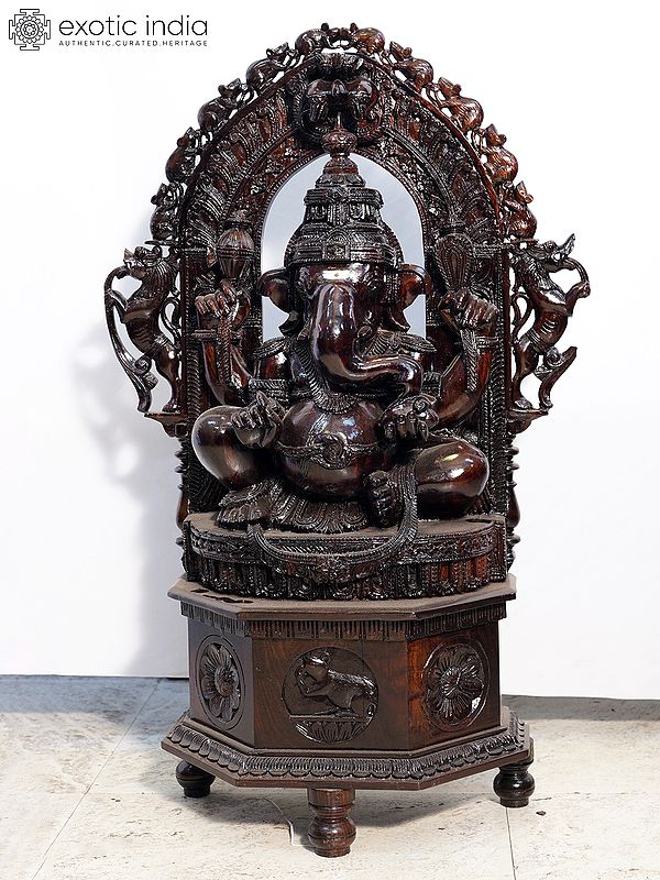 35" Lord Ganapati Sculpture with Designer Throne | Handmade Rosewood Sculpture
