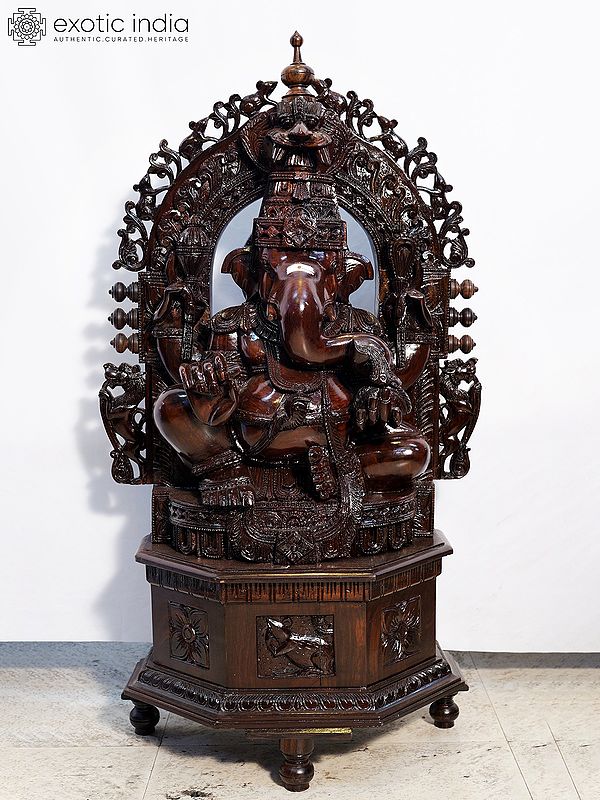 40" Handcrafted Wood Statue of Lord Ganesha with Throne | Handmade Rosewood Sculpture