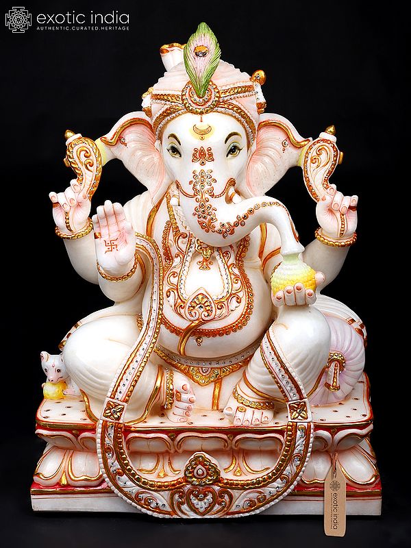 24" Blessing Turbaned (Pagadi) Ganesha | White Marble Statue