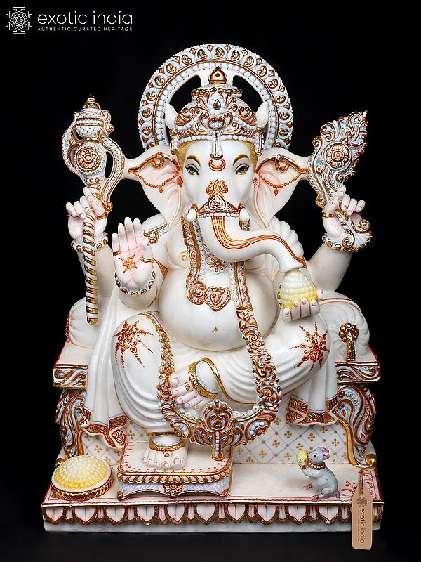 30" Four Armed Blessing Lord Ganapati Seated on Throne | White Marble Statue