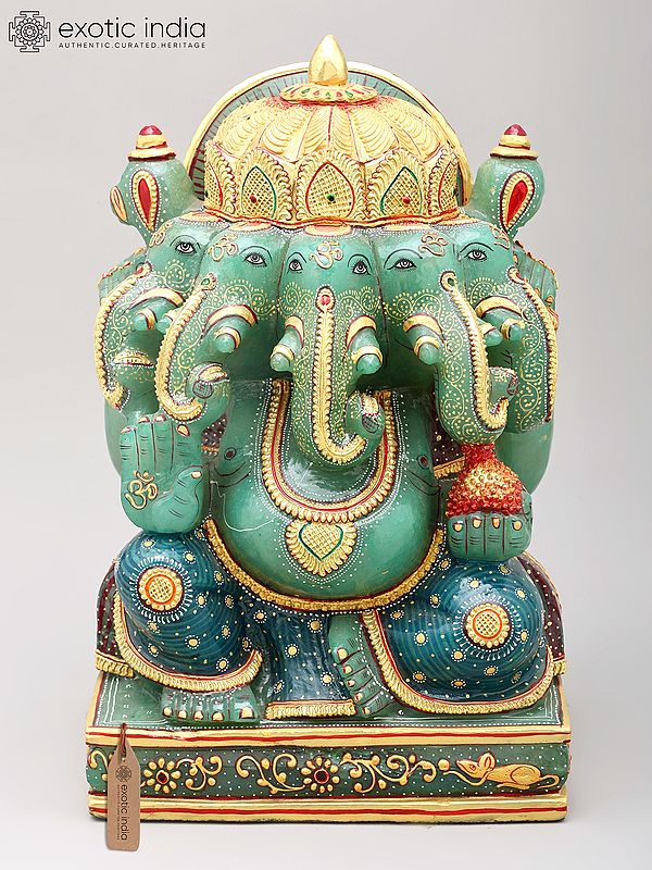 13" Divine Presence - Panchamukhi Ganesha Sculpture | Made of Semi-Precious Jade Stone