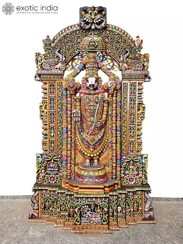 144" Super Large Colorful Lord Tirupati Balaji (Venkateshwara) with Kirtimukha Arch | Handmade Wood Sculpture