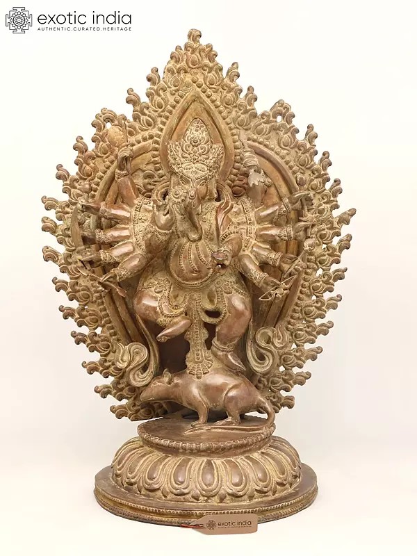 31" Large Twelve Armed Lord Ganesha Dancing on Mushak | Brass Statue | Made in India