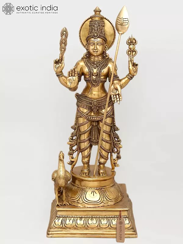 48" Large Size Four Armed Standing Lord Murugan in Blessing Gesture | Brass Statue