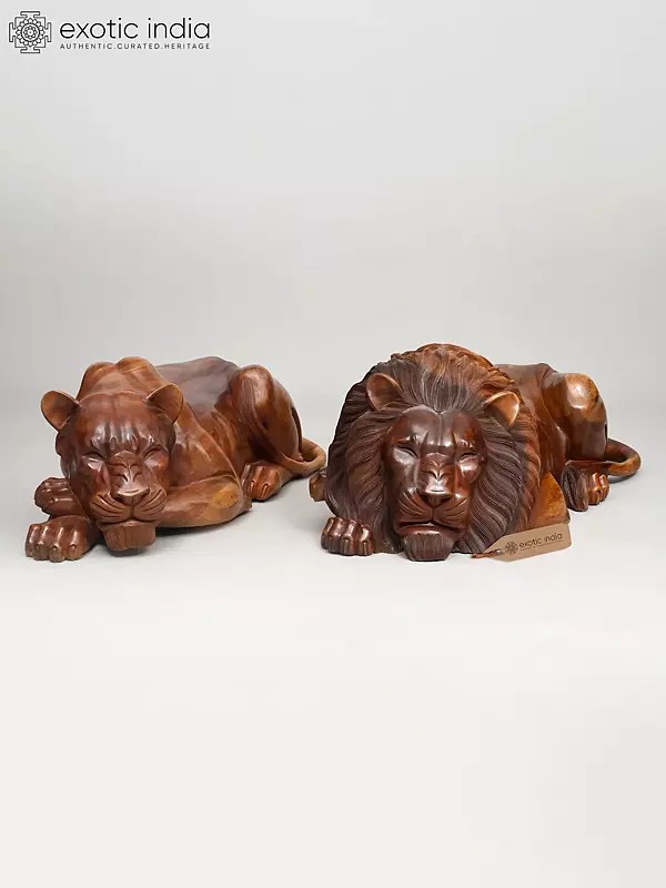 40" King & Queen of The Jungle - Hand Carved Lion and Lioness Wooden Sculpture Pair