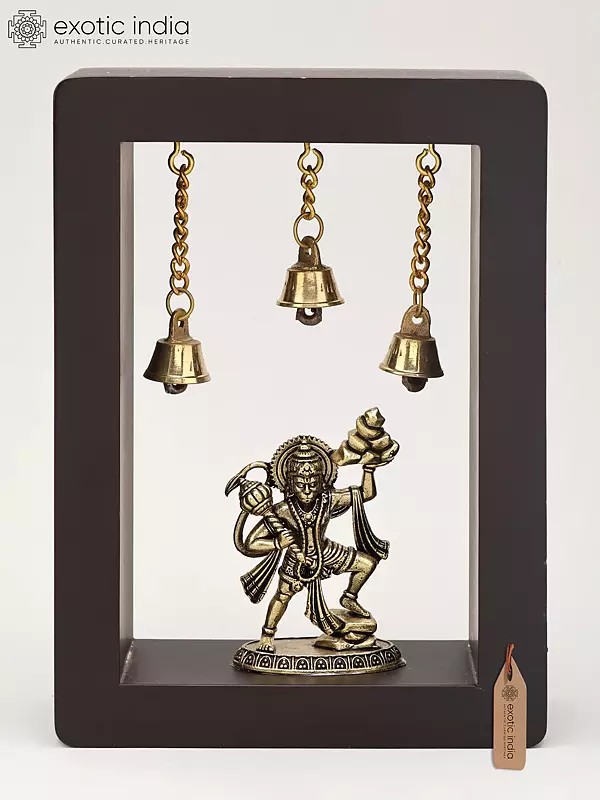 7" Superfine Sanjivani Hanuman | Wood Framed Brass Sculpture | Wall Hanging