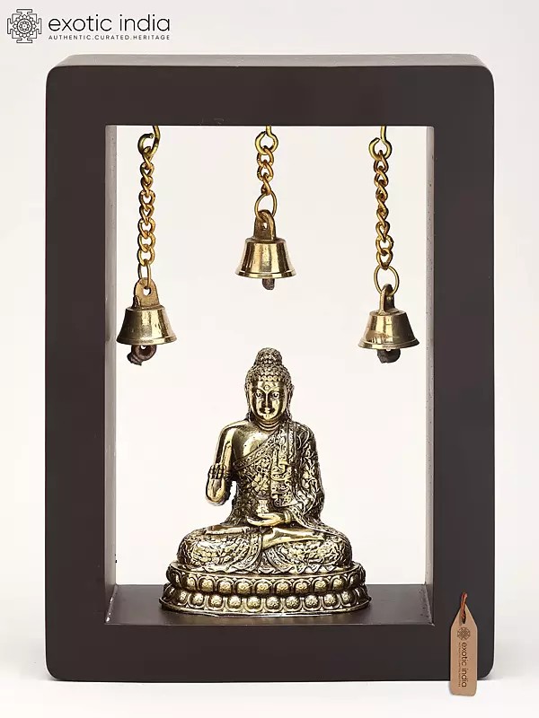 7" Superfine Blessing Buddha | Wood Framed Brass Sculpture | Wall Hanging