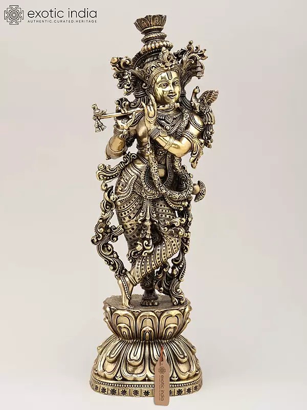 15" Superfine Lord Krishna Playing Flute | Brass Statue