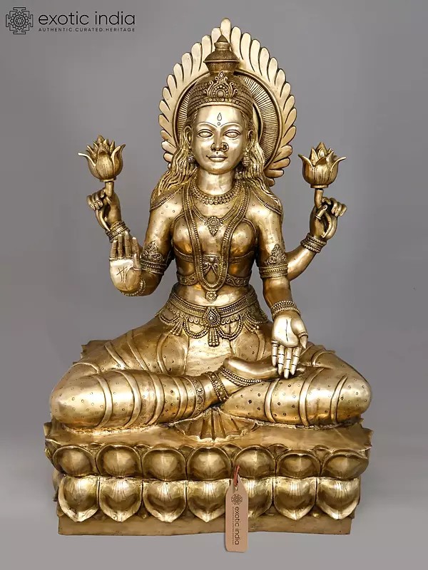 62" Large Four Armed Goddess Lakshmi Seated on Lotus Pedestal | Brass Sculpture