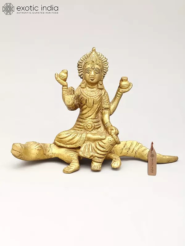 7" The River Goddess Ganga Seated on Crocodile | Brass Statue