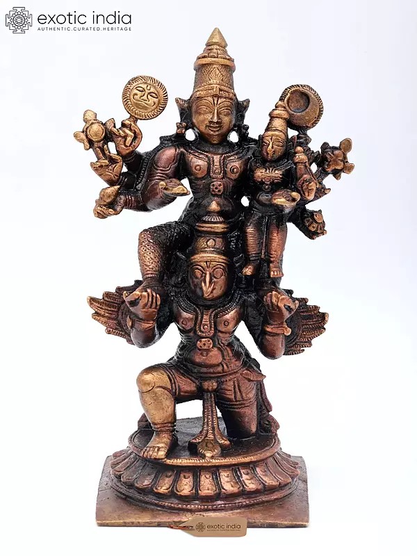5" Small Lord Vishnu and Goddess Lakshmi Seated on Divine Vehicle Garuda | Copper Statue | Made in India