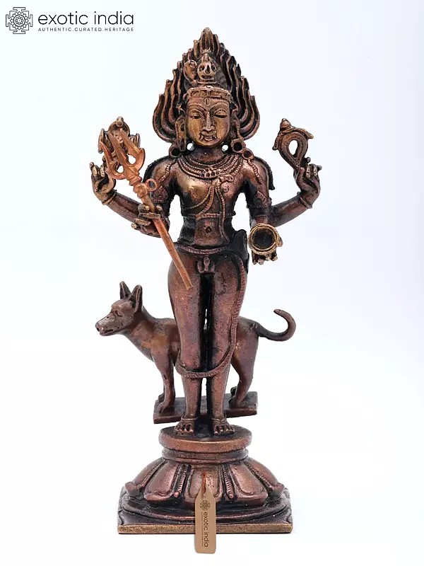 5" Small Four Armed Kaal Bhairava - Fierce Form of Lord Shiva | Copper Statue | Made in India