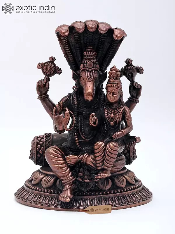 4" Small Lord Hayagriva (Vishnu) and Goddess Lakshmi with Five-Hooded Serpent | Copper Statue | Made in India