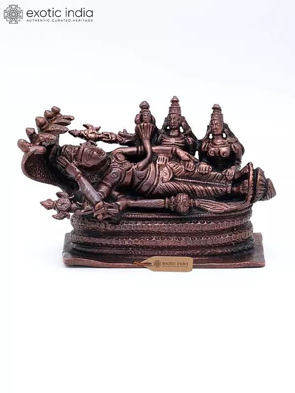 4" Small Sheshashayi Lord Vishnu with Devi Lakshmi and Bhudevi | Copper Statue | Made in India