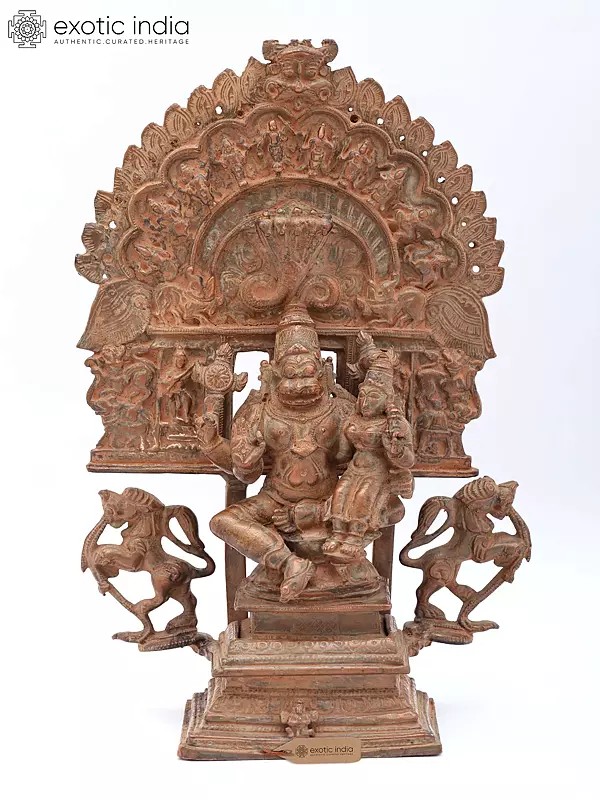 9" Lord Narasimha Seated on Kirtimukha Prabhavali with Goddess Lakshmi | Copper Statue | Made in India