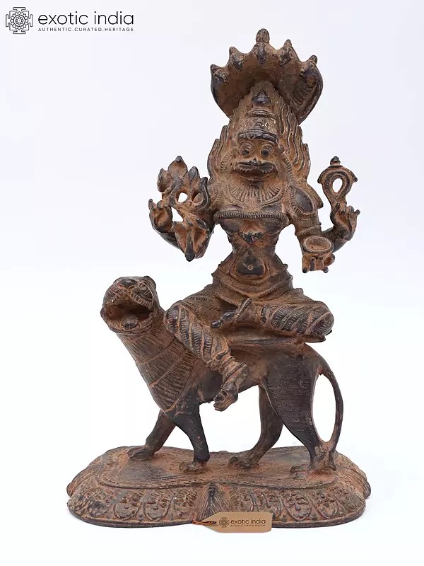 5" Goddess Pratyangira Seated on Lion | Copper Statue | Made in India