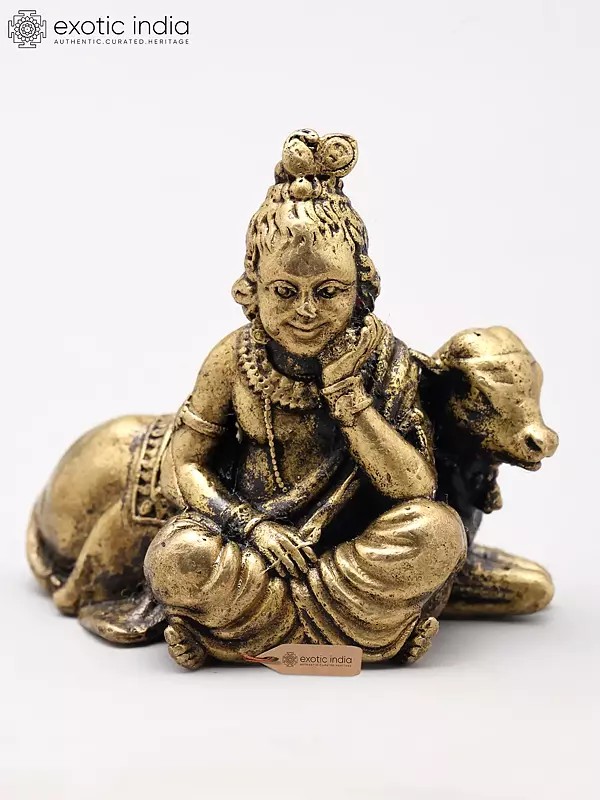 Small Bal Gopal (Krishna) Seated with Cow | Handmade | Copper Statue