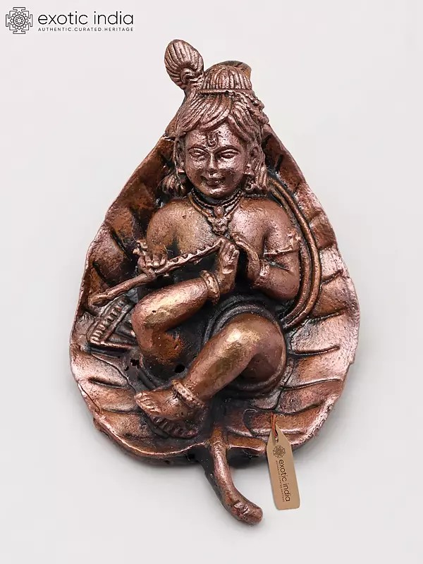 Small Navaneeth Krishna on Leaf with Flute | Handmade | Copper Statue