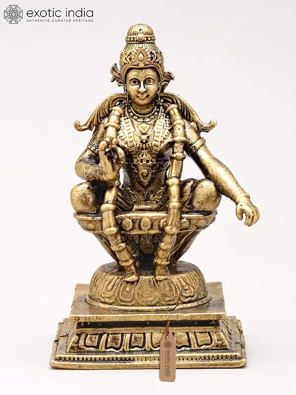 3" Small Lord Ayyappan Seated on Pedestal in Yogic Posture | Handmade | Copper Statue