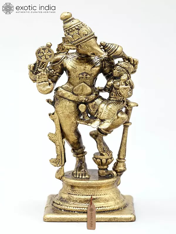 3" Small Four Armed Lord Vishnu as Varaha with Devi Lakshmi | Handmade | Copper Statue
