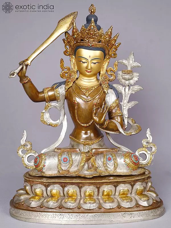 Lord Manjushri | Tibetan Buddhist Deity | Copper With Gold And Silver Plated