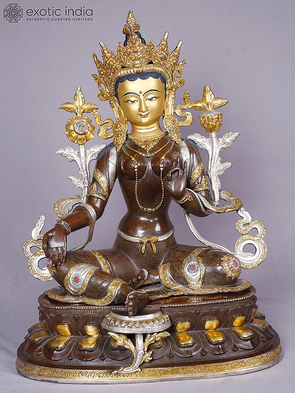 Goddess Green Tara | Tibetan Buddhist Deity | Copper With Gold And Silver Plated