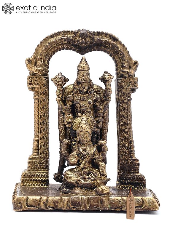 Small Lord Tirupati Balaji with Devi Lakshmi on Kirtimukha Arch | Copper Statue | Made in India