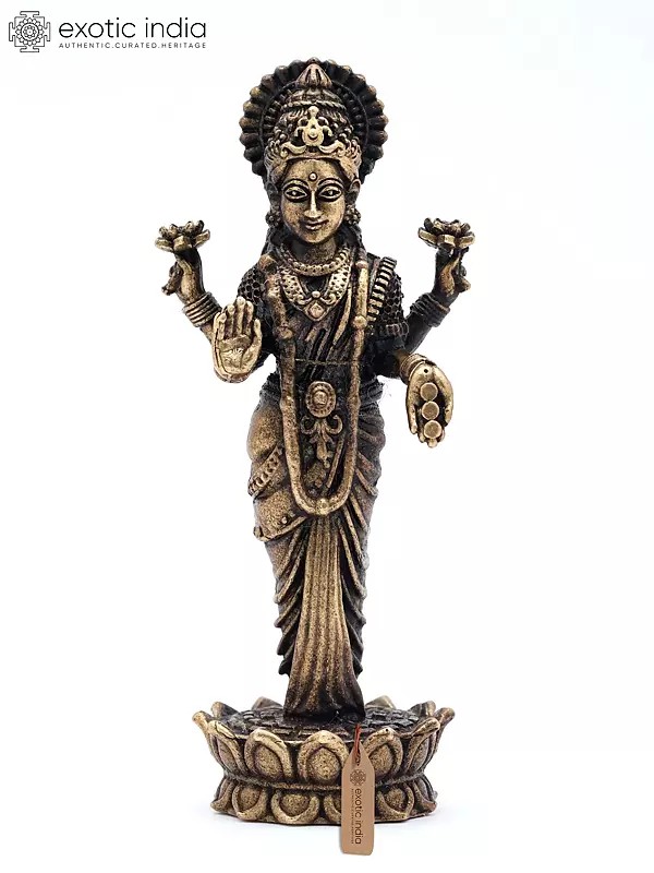 Four Armed Goddess Dhanalakshmi Standing on Lotus | Copper Statue | Made in India