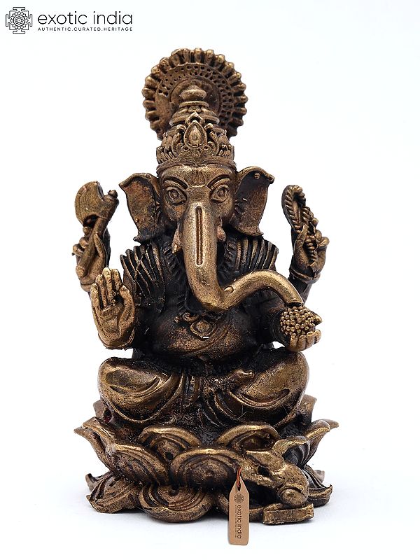 2" Small Lord Ganapati Seated on Lotus with Mushak Vahana | Copper Statue | Made in India