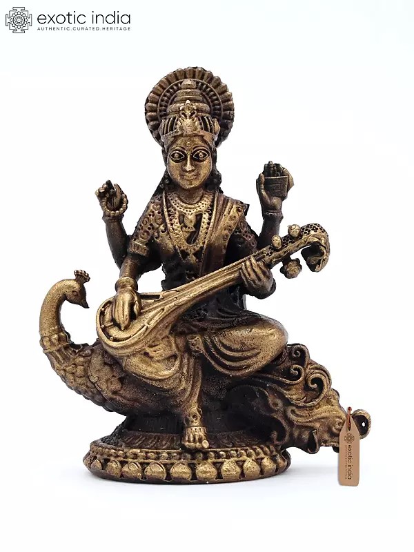 2" Small Devi Saraswati Playing Veena on Peacock - Goddess of Knowledge & Music | Copper Statue | Made in India