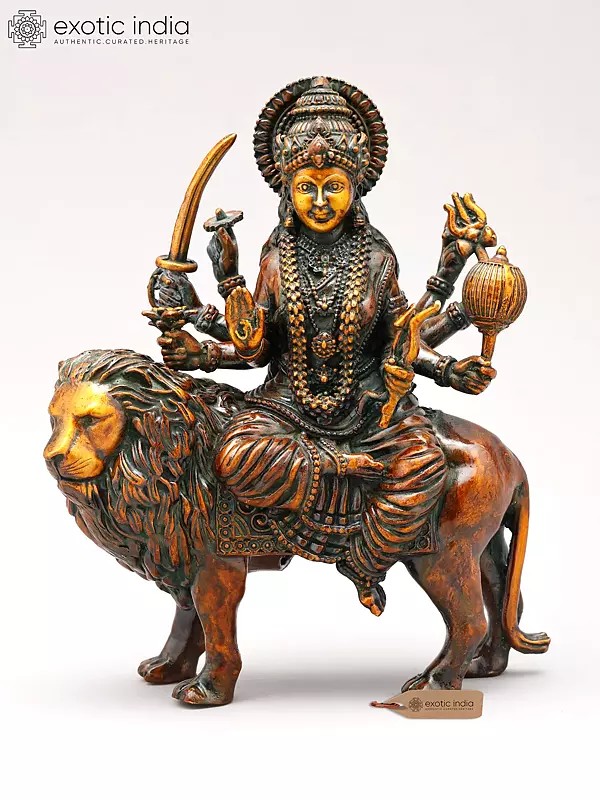 6" Small Eight Armed Goddess Durga Seated on Lion | Copper Statue | Made in India