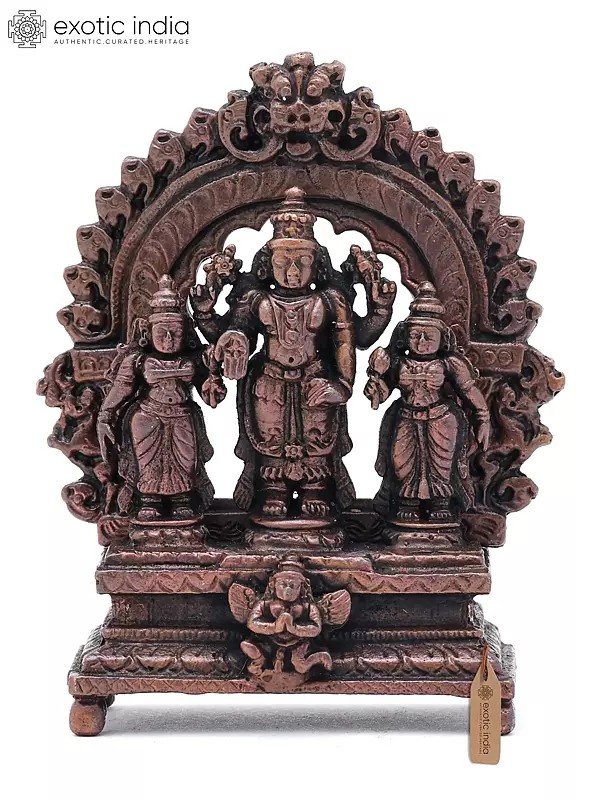 3" Small Lord Vishnu with Sridevi and Bhudevi on Kirtimukha Throne | Copper Statue | Made in India
