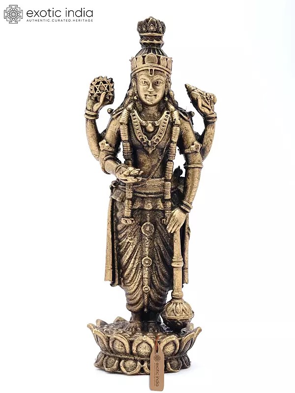 5" Small Lord Vishnu Standing on Lotus with Shankh, Chakra, Gada & Padma | Copper Statue | Made in India