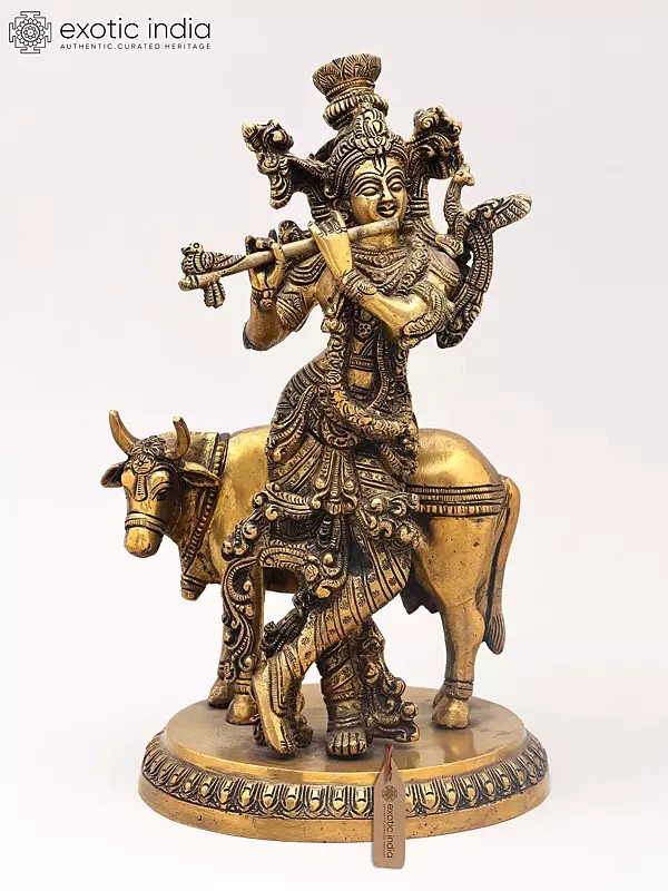 10" Gopala Lord Krishna, The Protector of Cows | Brass Statue