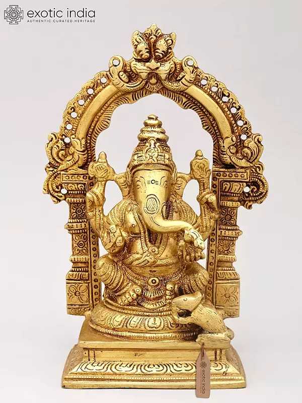 8" Chaturbhuja Lord Ganesha Seated on Kirtimukha Throne | Brass Statue